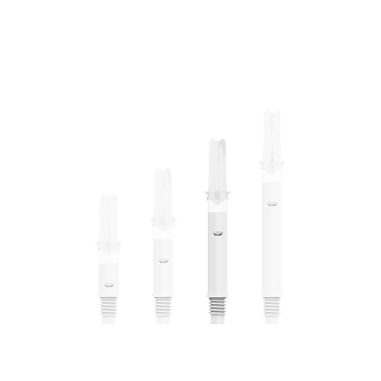 L-L-Style-Shafts Silent Straight - Wit Auf dem Bild sind vier weiße Dartschäfte in unterschiedlicher Länge zu sehen. Sie sind nebeneinander in einer Reihe angeordnet und besitzen ein Gewinde am unteren Ende.