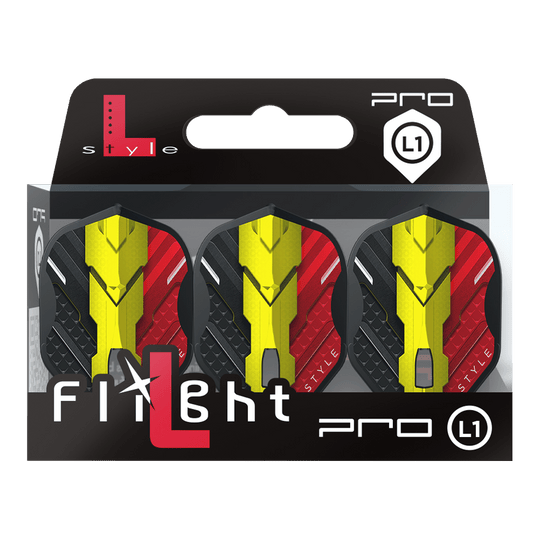 L-Style V-Serie V1 Type C België Zwart L1PRO Vluchten Das Bild zeigt eine Packung mit drei Dart-Flights der Marke L-Style, Modell V-Series V1 Type C Belgium Black L1PRO. Die Flights haben ein Design in den Farben Schwarz, Rot und Gelb, inspiriert von der belgischen Flagge.