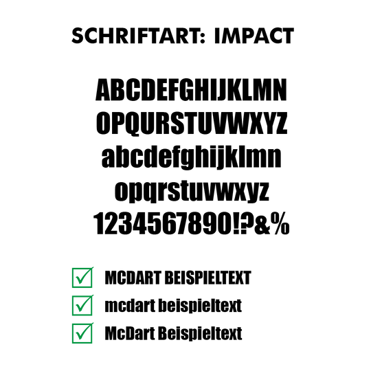 Flightdruck-Schriftart-Impactyns1iNZM6uNkY Das Bild zeigt einen großen, fetten Schriftzug mit dem Text "SCHRIFTART IMPACT" in der Mitte. Darunter sind drei grüne Häkchen mit den Wörtern "Fett", "Kompakt" und "Klar" zu sehen.