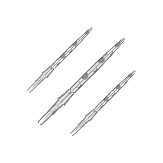 Das Bild zeigt drei silberne Dartspitzen mit einem strukturierten Design. Sie sind schlank und haben am Ende ein Gewinde zur Befestigung.