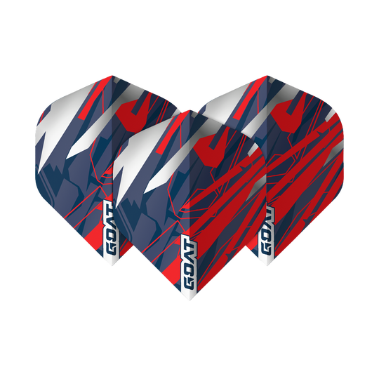 GOAT Homerun No2 Standaardvluchten Das Bild zeigt drei Dart-Flights des Produkts "GOAT Homerun No2 Standard Flights". Die Flights sind in den Farben Rot, Blau und Weiß gestaltet und mit dem Schriftzug "GOAT" versehen.