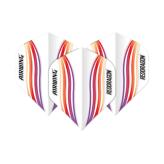 Red Dragon Airwing Red Wave Standaardvluchten Das Bild zeigt drei Dart-Flights mit dem Namen "Red Dragon Airwing Red Wave Standard Flights". Sie sind weiß mit roten, orangen und violetten Wellenlinien und der Aufschrift "AIRWING" und "REDDRAGON".