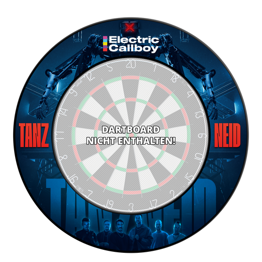 Elektrische Callboy Dans Jaloezie Dartbord Omranding Zu sehen ist vermutlich das Produkt 'EC01 Electric Callboy Tanzneid Dartboard Surround 3'. Es ist ein Schutzring für eine Dart-Scheibe.