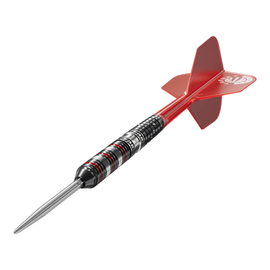 Das Bild zeigt einen Steeldart der Marke "Target Japan Prime Series Diamond GEN3". Der Dart hat eine silberne Spitze, einen schwarz-silbernen Griffbereich mit roten Akzenten und eine rote Flight.