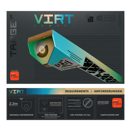 Target VIRT-camera Das Bild zeigt die Produktverpackung der "Target VIRT Kamera", die in einer modernen, grafischen Gestaltung präsentiert wird. Unten sind die Anforderungen aufgeführt, wie eine Mindestdeckenhöhe von 2,2 m, WLAN-Router, USB-Stecker und die DartCounter App.