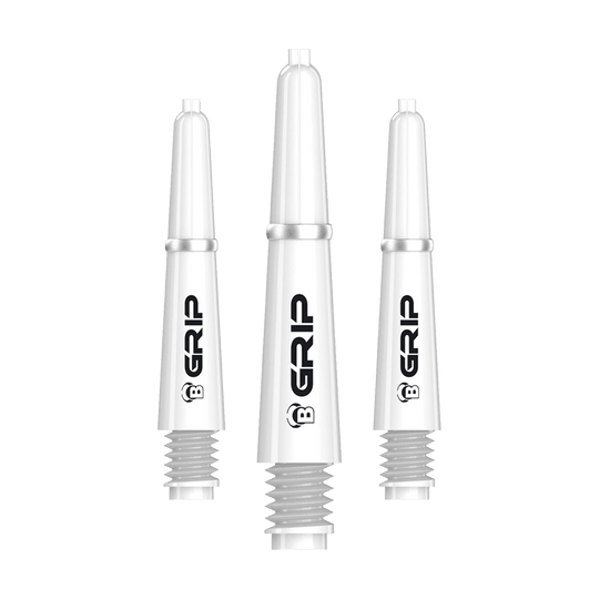 Auf dem Bild sind drei weiße Dartschäfte des Modells "Bulls B-Grip-2 SL" zu sehen. Sie sind schlank geformt und tragen den schwarzen Schriftzug "GRIP" auf der Seite.