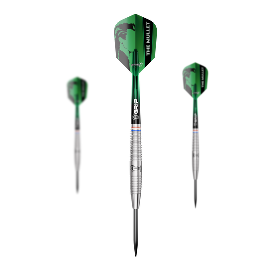 Bulls Danny Jansen G2 stalen dartpijlen Hier sind die Bulls Danny Jansen G2 Steeldarts als Set zu sehen. Mehrere Dartpfeile werden geordnet präsentiert.