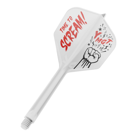 Target Japan K-Flex Scream No6 Flight Shaft-systeem Auf dem Bild ist ein weißes Dartflight mit einem dazugehörigen Schaft zu sehen. Auf dem Flight steht in roten Buchstaben "TIME TO SCREAM!" und daneben ist eine Faust mit Sternen abgebildet.