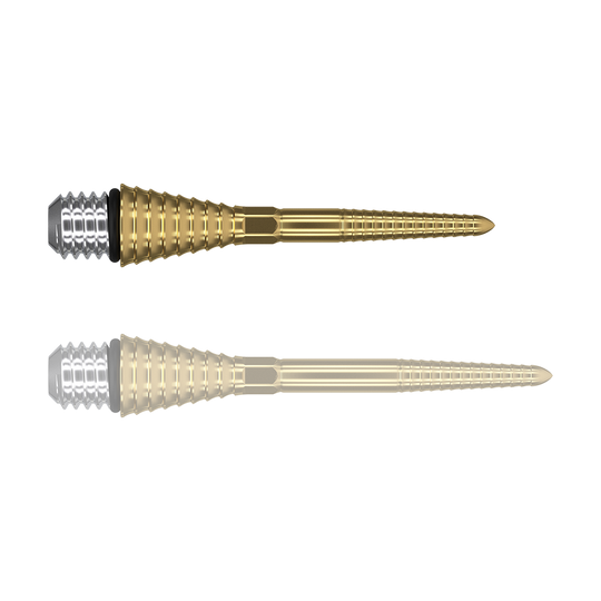 380178_Target_Titanium_Swiss_Point_Grooved_Conversion_Points_Gold_26mm_169Gb6ns7keD3m Das Bild zeigt zwei goldfarbene, gerillte Spitzen mit silbernem Schraubkopf. Sie sind vermutlich Ersatz- oder Konversionsspitzen für Darts.