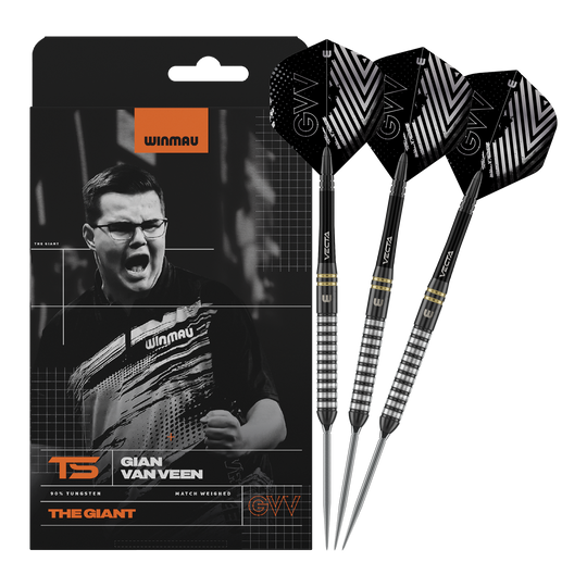 Winmau Gian Van Veen TS Switch Point stalen dartpijlen Abgebildet ist Winmau Gian Van Veen TS Switch Point Steeldarts. Die Darts sind vollständig nebeneinander dargestellt.