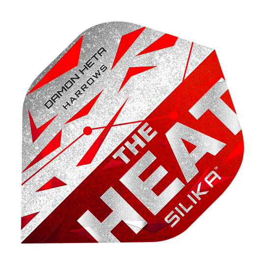 Harrow's Silika Damon Heta Series 3 vluchten Das Bild zeigt ein Dart-Flugblatt mit dem Namen "Harrows Silika Damon Heta Series 3 Flights". Es ist in den Farben Rot, Weiß und Silber gestaltet und trägt die Aufschrift "THE HEAT SILIKA" sowie "DAMON HETA HARROWS".