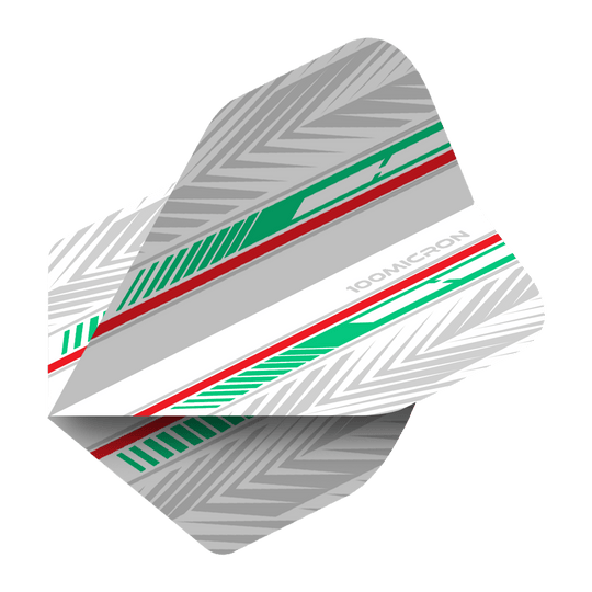 Pentathlon Flights wit/groen/rood Das Bild zeigt ein Dart-Flight mit einem Muster aus weißen, grünen und roten Linien. Auf dem Flight steht die Aufschrift „100 MICRON“.