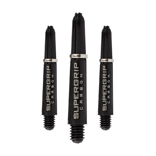 HR354_Harrows_Supergrip_Carbon_Shafts_Silber_33mm_1yympC4OYgBFdZ Das Bild zeigt drei Harrows Supergrip Carbon Shafts in Silber. Die Dartschäfte sind aus robustem Carbon gefertigt und haben ein modernes Design.