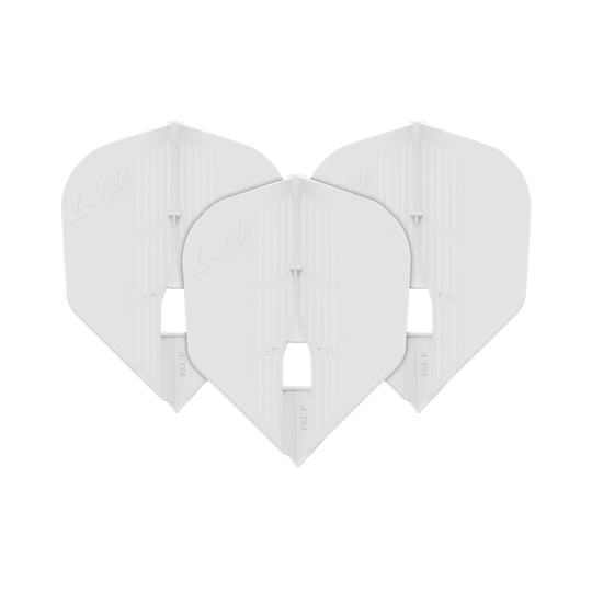 L-Style KAMI L3PRO-vluchten Auf dem Bild sind drei weiße Dartflights der Marke L-Style zu sehen. Sie sind nebeneinander angeordnet und haben eine standardisierte Form.