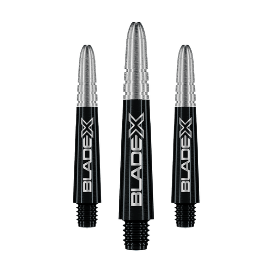 Winmau Vecta Blade X shafts - Zwart Gezeigt wird ein Set schwarzer Dartshafts mit der Bezeichnung Winmau Vecta Blade X, 34 mm. Das Set ist für Dartspieler geeignet.