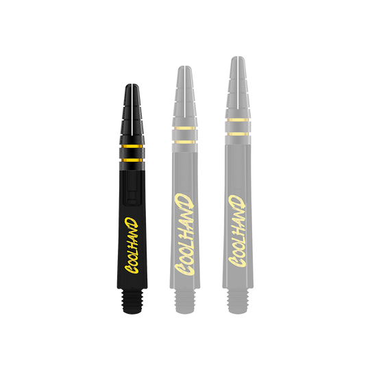 Red Dragon Nitrotech Luke Humphries Coolhand Shafts - Zwart Das Bild zeigt drei schwarze Dartschäfte mit gelber Schrift, auf denen "COOLHAND" steht. Die Schäfte haben gelbe Ringe und sind 36 mm lang.