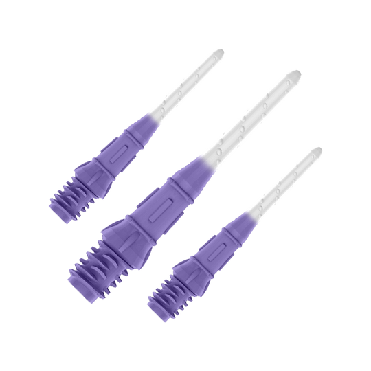 L-Style Premium Two Tone Lippoints (verpakking van 30) Das Bild zeigt drei lilafarbene Dartspitzen, die nebeneinander angeordnet sind. Die Spitzen haben einen Farbverlauf von Lila zu Weiß.