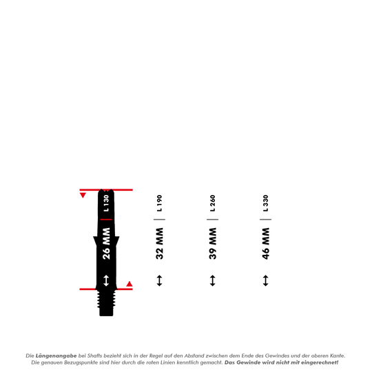 L-L-Style-Shafts Silent Straight - Zwart Das Bild zeigt verschiedene Längen von L-Style L-Shafts ohne Kappen, beginnend bei 26 mm. Die Längenangaben beziehen sich auf den Abstand zwischen dem Gewindeende und der oberen Kante, das Gewinde selbst wird nicht mitgerechnet.