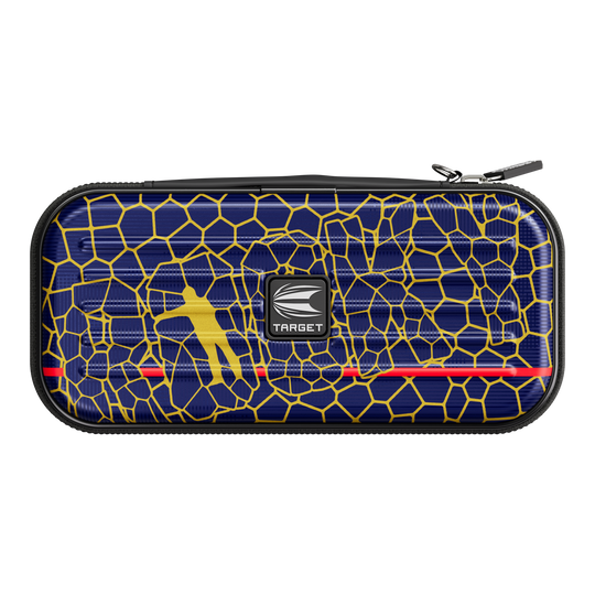 Target Takoma Josh Rock dartkoffer Das Bild zeigt ein Dartcase namens "Target Takoma Josh Rock Dartcase". Das Etui hat ein blaues Muster mit gelben Linien und einem gelben Dartspieler sowie dem Target-Logo in der Mitte.