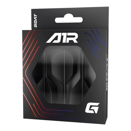GOAT A1R No6 Flight Shaft-systeem - Zwart Die Abbildung zeigt die Verpackung des Produkts „GOAT A1R No6 Flight-Shaft-System - Schwarz“. In der schwarzen Schachtel sind Flights und Shafts für Dartpfeile sichtbar.