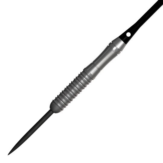 Bulls NL Lightning Pink steel darts Das Bild zeigt einen silbernen Steeldartpfeil mit einem geriffelten Griff. Es handelt sich um das Produkt "Bulls NL Lightning Pink Steeldarts".