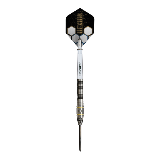 Unicorn Hexium Style 01 Zwart & Goud Steeldarts Dieses Bild zeigt die Unicorn Hexium Style 01 Black & Gold Steeldarts. Die Steeldarts sind in den Farben Schwarz und Gold gestaltet.