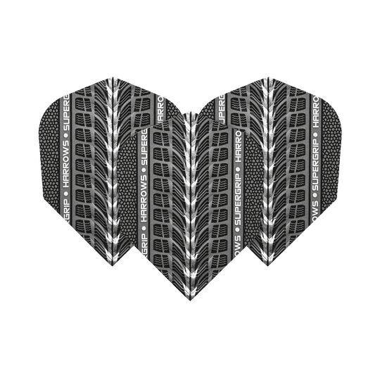 Harrows Supergrip Weiß No6 Flights sind abgebildet. Das Bild zeigt weiße Dart-Flights der Marke Harrows.