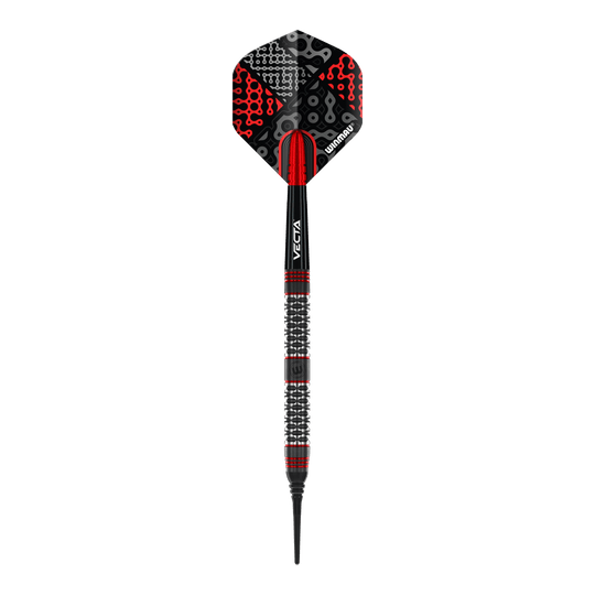 Winmau Cypher Softdarts - 20g Das Bild zeigt einen Winmau Cypher Softdart mit einem Gewicht von 20 Gramm. Der Dart hat ein modernes Design in Schwarz, Rot und Silber.