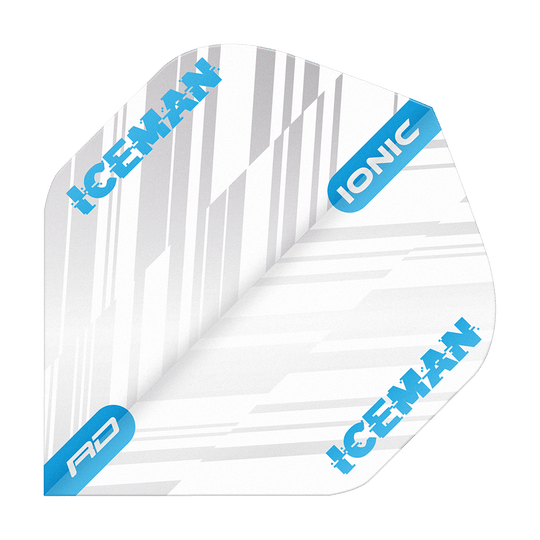 Das Bild zeigt ein weißes Dart-Flight mit blauen Streifen und Schriftzügen. Auf dem Flight stehen die Wörter "ICEMAN", "IONIC" und "RD" in blauer Farbe.