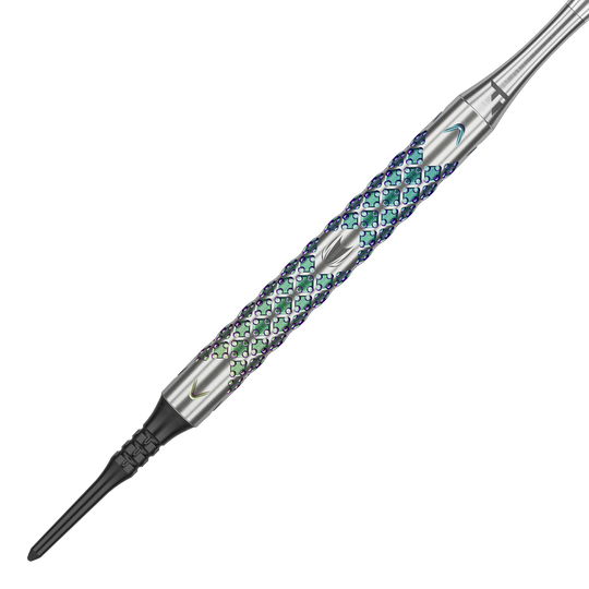 Target Rove 10 zachte darts Das Bild zeigt einen Target Rove 10 Softdart mit einem metallischen, bunt schimmernden Griff. Das Design weist eine strukturierte Oberfläche mit feinen Mustern auf.