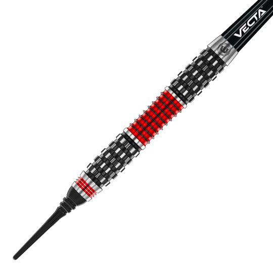 Dies ist ein Softdart aus der Winmau Joe Cullen Rockstar Series RS1 mit einem Gewicht von 20g. Der Dart hat ein auffälliges Design mit schwarzen, silbernen und roten Ringen am Barrel.