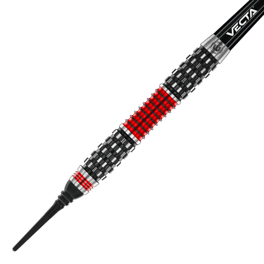 Winmau Joe Cullen Rockstar Series RS1 Zachte Darts - 20g Dies ist ein Softdart aus der Winmau Joe Cullen Rockstar Series RS1 mit einem Gewicht von 20g. Der Dart hat ein auffälliges Design mit schwarzen, silbernen und roten Ringen am Barrel.