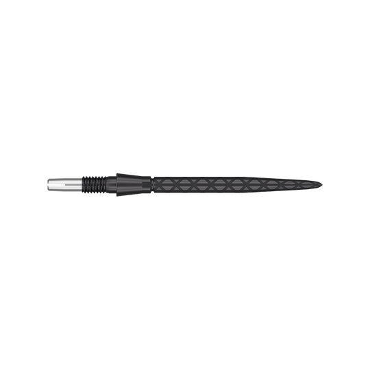 Target Swiss Storm Diamond Point Dartpunten - Zwart Auf dem Bild ist eine schwarze Dartspitze mit diamantförmigem Muster zu sehen. Sie ist lang und hat ein präzises, spitzes Ende.