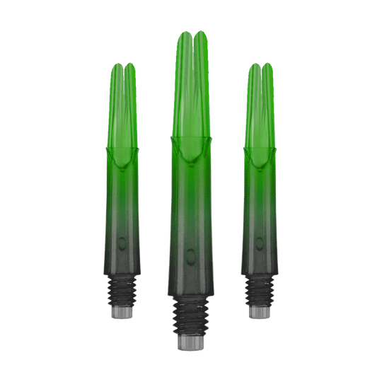 Das Bild zeigt drei grüne, transparente Dartschäfte mit Gewinde am unteren Ende. Die Schäfte sind gerade und haben einen leichten Farbverlauf von grün zu schwarz.