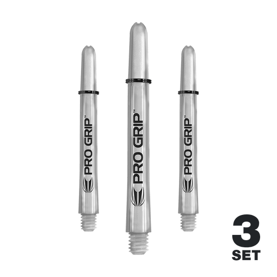 Target Pro Grip Shafts - 3 sets - Transparant Das Bild zeigt drei transparente "Pro Grip" Shafts für Dartpfeile. In der rechten unteren Ecke steht "3 Set".