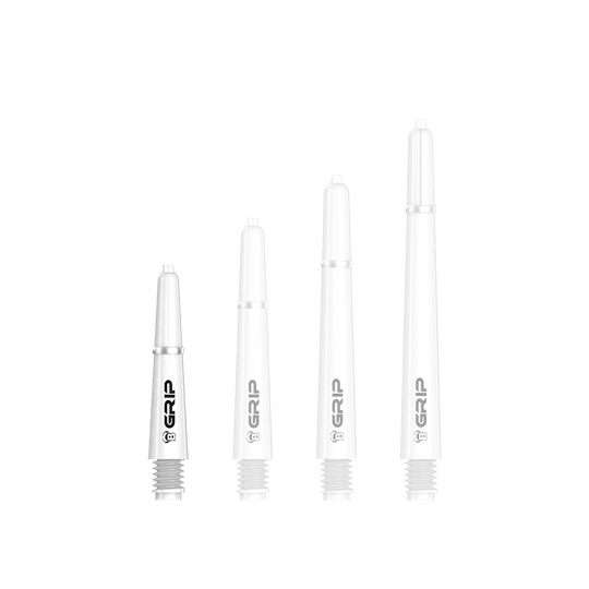 Das Bild zeigt vier weiße Bulls B-Grip-2 SL Shafts in unterschiedlichen Längen. Sie sind nebeneinander angeordnet und haben ein schwarzes "GRIP"-Logo aufgedruckt.