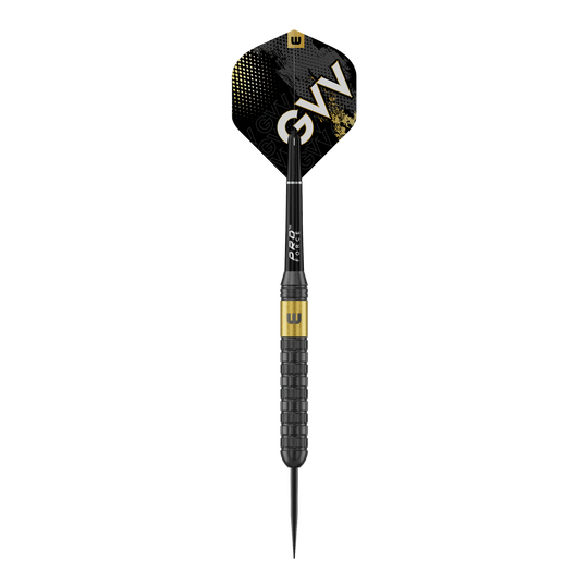 Winmau Gian Van Veen Core Messing Steeldarts - 21g Das Bild zeigt Winmau Gian Van Veen Core Brass Steeldarts mit einem Gewicht von 21 Gramm. Die Steeldarts sind aus einer seitlichen Perspektive zu sehen.