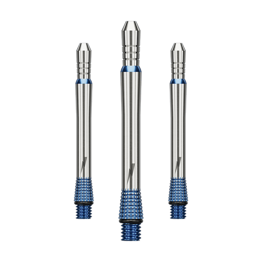 Das Bild stellt ein Set von Target Phil Taylor Power Gx2 Titanium Shafts mit 34,3 mm Länge dar. Diese Shafts sind speziell für Dartspieler gedacht.