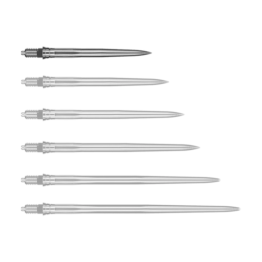 Caliburn EZ-EVO dartpunten - Glad - Zilver Abgebildet wird eine weitere glatte silberne Dartspitze, vermutlich in einer anderen Perspektive. Die Spitze scheint aus Metall zu bestehen.
