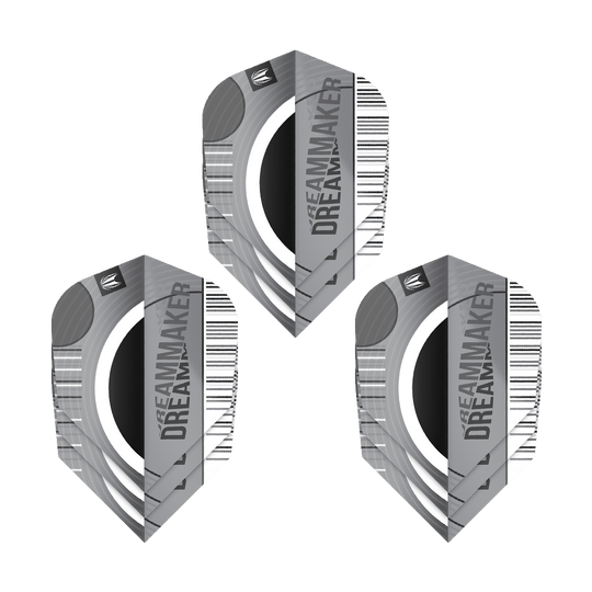 Target Pro Ultra Dimitri Van Den Bergh X Echo No6-vluchten - 3 sets Das Bild zeigt drei Sets von Target Pro Ultra Dimitri Van Den Bergh X Echo No6 Flights. Die Flights sind grau-schwarz gestaltet und tragen den Schriftzug "DREAMMAKER".