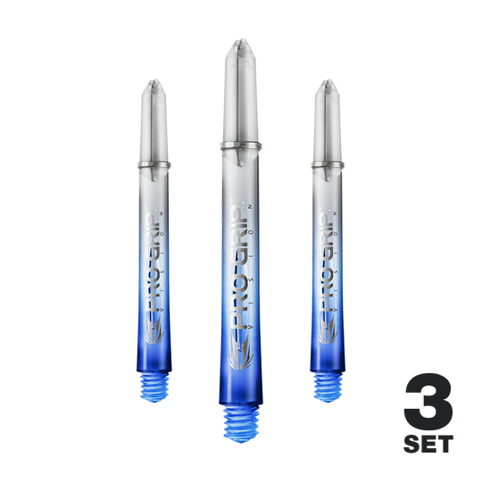 Target Pro Grip Vision Shafts - 3 sets - Blauw Das Bild zeigt drei blaue "Pro Grip Vision" Shafts für Darts. In der rechten unteren Ecke steht "3 Set".