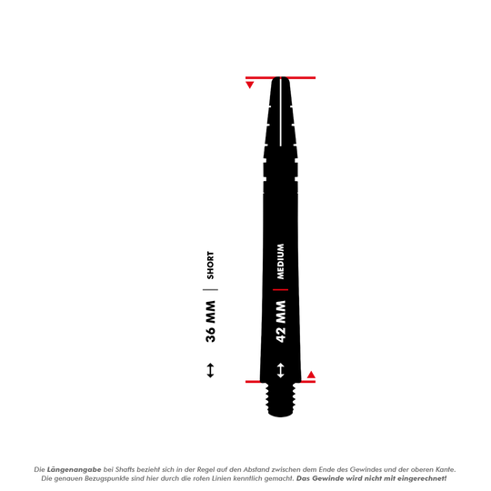 Das Bild zeigt zwei schwarze Dart-Schäfte der Marke Red Dragon Nitrotech Gerwyn Price. Die Schäfte sind in den Längen 36 mm (Short) und 42 mm (Medium) abgebildet.