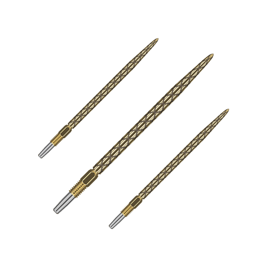 Target Swiss Diamond Pro Gold dartpunten Das Bild zeigt drei goldfarbene Dartspitzen mit einem diamantähnlichen Muster. Die Spitzen sind schlank und haben eine silberne Befestigung am unteren Ende.