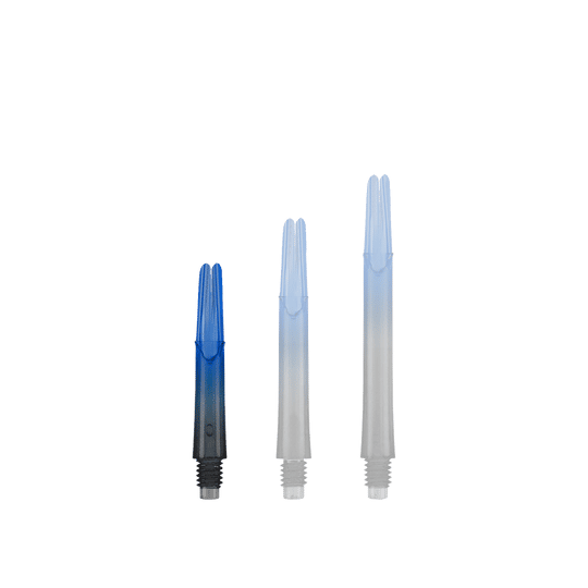 Das Bild zeigt drei unterschiedlich lange Dartschäfte in Blau und Schwarz. Sie stehen nebeneinander und haben ein gerades Design ohne Kappen.