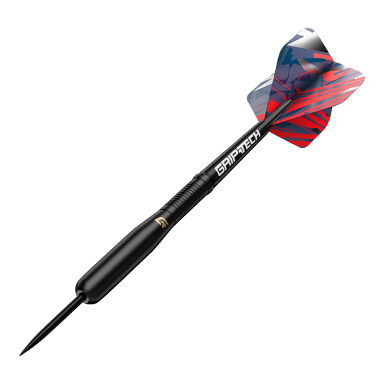 Das Bild zeigt den GOAT Homerun Baseball Black Brass Steeldart mit einem Gewicht von 15g. Der Dart hat ein schwarzes Design und bunte Flights mit roten und blauen Mustern.