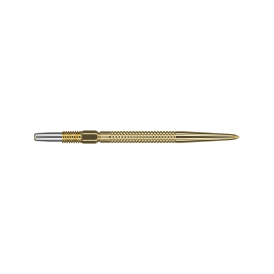 Target Swiss Point GRD Gold darttips Das Bild zeigt eine goldfarbene Dartspitze aus Metall. Die Spitze hat eine geriffelte Struktur für besseren Halt.