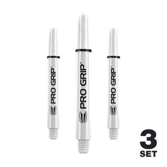 Target Pro Grip Shafts - 3 sets - Wit Das Bild zeigt drei weiße Pro Grip Shafts für Darts. Unten rechts steht "3 SET", was auf ein Set mit drei Stück hinweist.