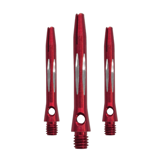 Diamantgeslepen aluminium assen - Rood - 35 mm Hier sieht man den Diamond Cut Aluminium Shafts - Rot - 35mm als Set. Es sind mehrere rote Aluminium-Dartschäfte mit Diamantschliff im Set enthalten.