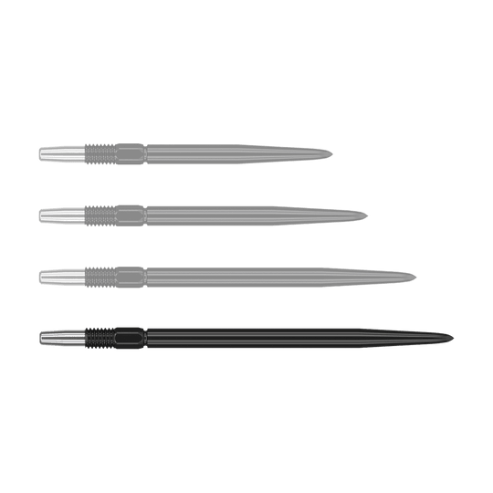 Target Swiss Point Black dartpunten Das Bild zeigt vier schwarze Dartspitzen mit silbernem Gewinde. Sie sind nebeneinander ausgerichtet und identisch in Form und Größe.