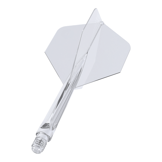 Unicorn Forge All In One Plus No2 Standaard Vluchten Helder - Medium Das Bild zeigt einen klaren, mittelgroßen Dartaufsatz des Modells "Unicorn Forge All In One Plus No2 Standard Flights". Die Flight- und Schaftteile sind transparent und bilden ein einteiliges Design.